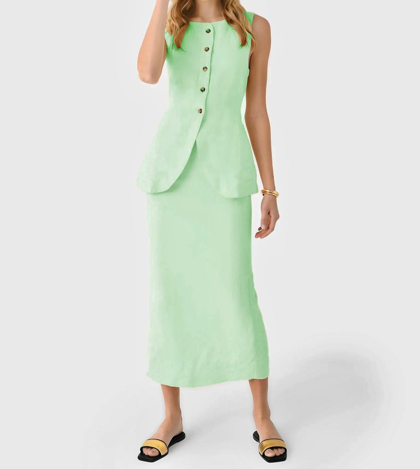 Mint Green | Linen Vest and Skirt Set