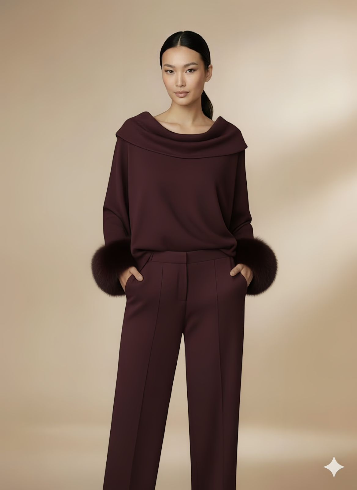 Neck Fold Fur Top | Plum Maroon