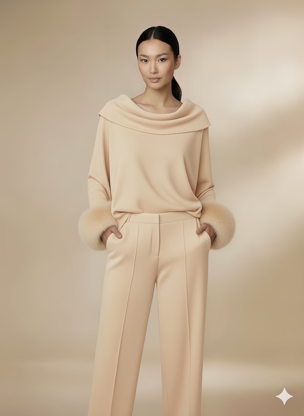 Neck Fold Fur Top | Cream Fawn