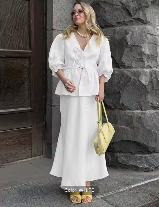 White | Lace Up Skirt Set