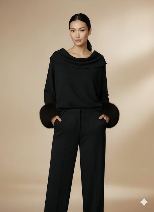 Neck Fold Fur Top | Black