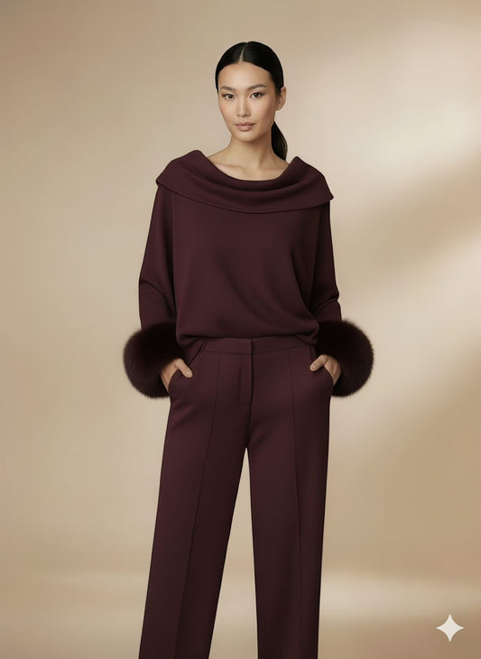 Neck Fold Fur Top | Plum Maroon
